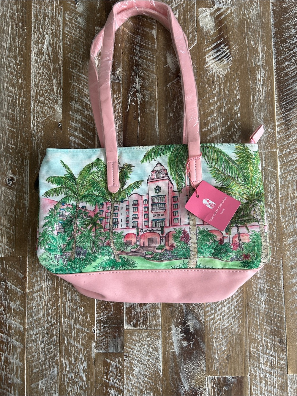 Pink Illustrated Canvas Tote with Faux-Leather Trim